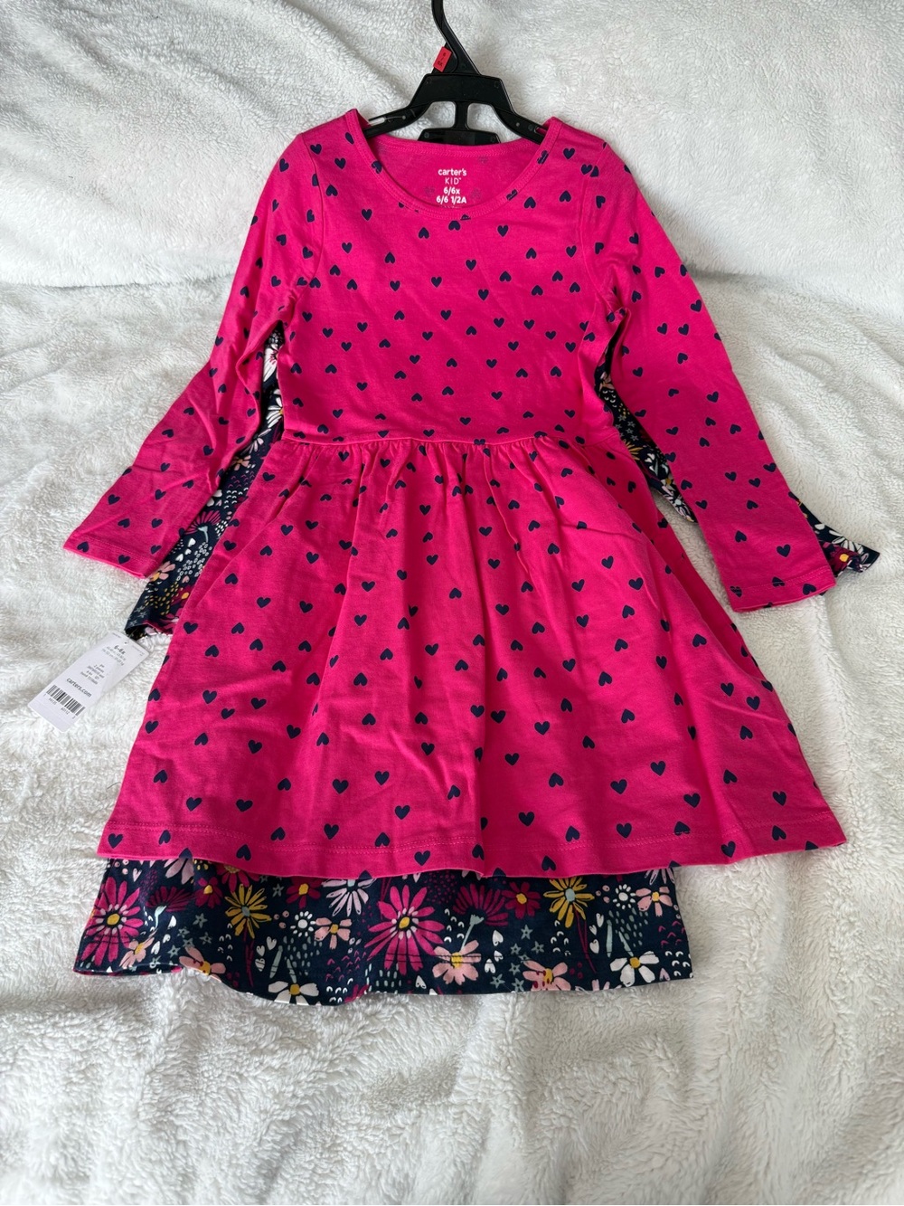 Carter's Hot Pink Long-Sleeve Heart Print Dress with Navy Floral Layer